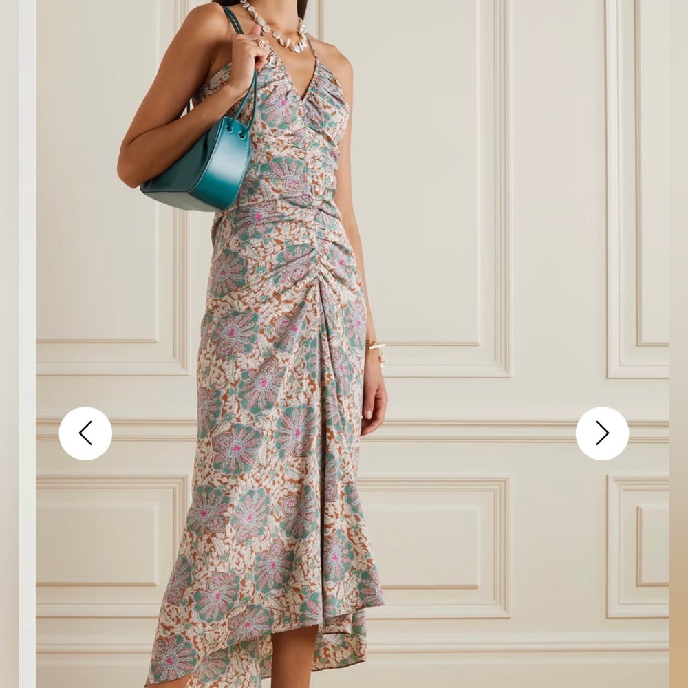 Veronica Beard Teal, Pink & Cream Floral Ruched V-Neck Midi Dress